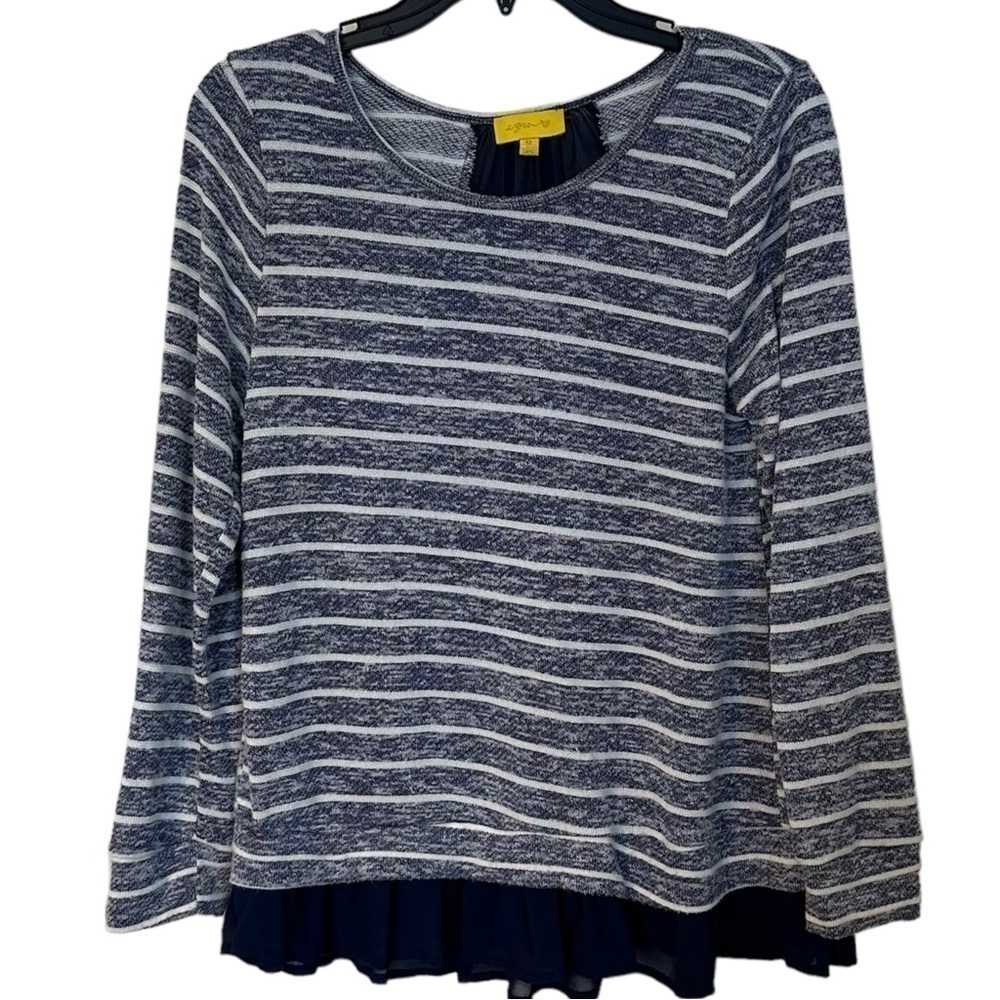 Ezra Mixed Media Long Sleeve Striped Top with Ruffled Hem Size M